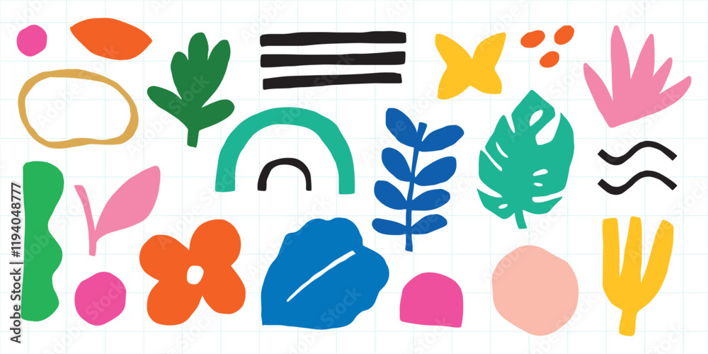 Poster colorful abstract shapes and patterns in various forms. bright shapes, vibrant patterns, and abstrac