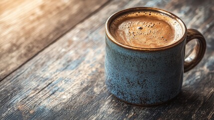 Steaming Coffee in Ceramic Mug on Wooden Surface