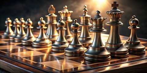 A close-up view of a chessboard with golden pieces, capturing the intensity of strategy and the anticipation of the next move.