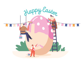 Tiny Mother, Father and Boy Painting Huge Egg for Spring Holiday. Happy Family Mom, Dad and Kid Prepare for Easter