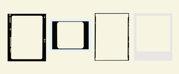 Four photo frames in different styles and sizes. Photo frames include a black border, a square, and a polaroid. Minimalist photo frames on a light background. Instant photo frames, vector set.