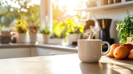 Obraz premium Morning Coffee with Steam Rising on Kitchen Table