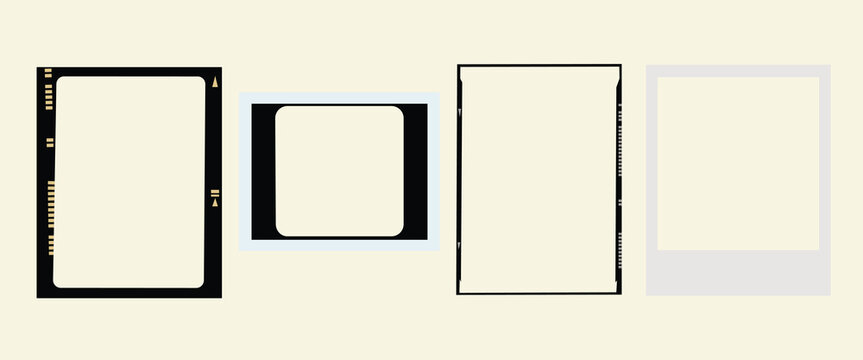 Four photo frames in different styles and sizes. Photo frames include a black border, a square, and a polaroid. Minimalist photo frames on a light background. Instant photo frames, vector set.