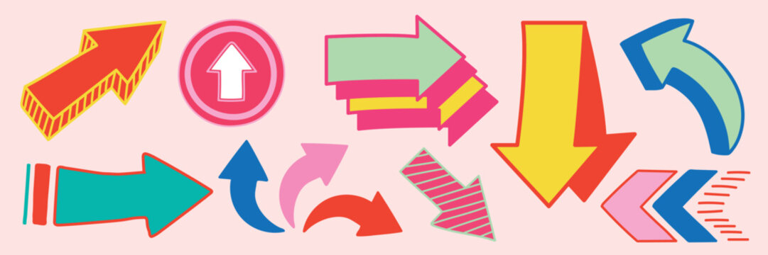 Colorful arrows in various shapes and sizes, including curved, straight, and zigzag designs. Bright arrows in orange, blue, and green patterns. Colorful elements vector set.