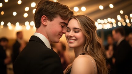 A young man and woman are dancing together at a party