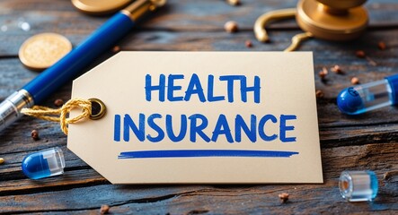 health insurance handwritten on paper tag at table background