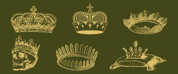 Vintage crown illustrations on a green background. Various crown designs, including ornate and simple styles. Royalty and regal themes in crown sketches. Vintage elements vector set. © Rawpixel.com
