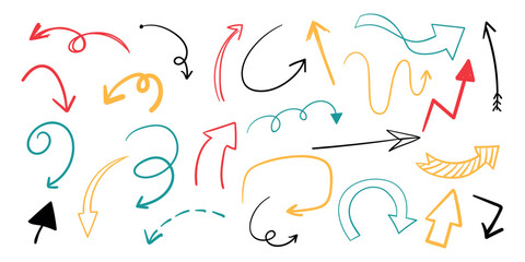 Colorful arrows in various styles and directions. Arrows pointing up, down, and around. Curved, straight, and zigzag arrows in red, blue, yellow, and black. Colorful elements vector set.