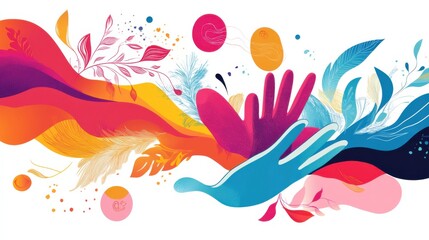 Fototapeta premium Vibrant Abstract Illustration of Hands and Nature with Colorful Elements Symbolizing Connection, Creativity, and Harmony in Modern Design