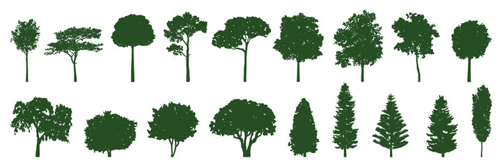 Silhouettes of various tree types, including deciduous and coniferous trees. Tree silhouettes in different shapes and sizes, showcasing diverse tree forms. Silhouette forest elements, vector set. © Rawpixel.com
