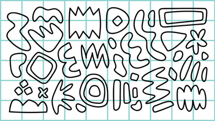 Abstract geometric shapes on a grid background. Shapes include circles, squares, and zigzags. Geometric patterns create a dynamic, abstract design. Funky shapes vector set.