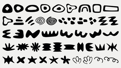 Abstract black shapes on a white background. Various abstract forms, abstract design, abstract art. Bold, abstract, and modern shapes in black. Black and white vector set.