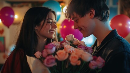 A young man and woman are holding a bouquet of flowers
