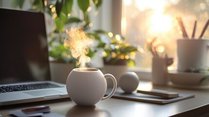 Morning Coffee Mug with Rising Steam on Desk