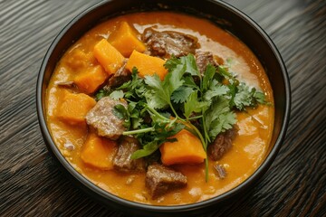 Spicy pumpkin beef stew, restaurant, dark wood table