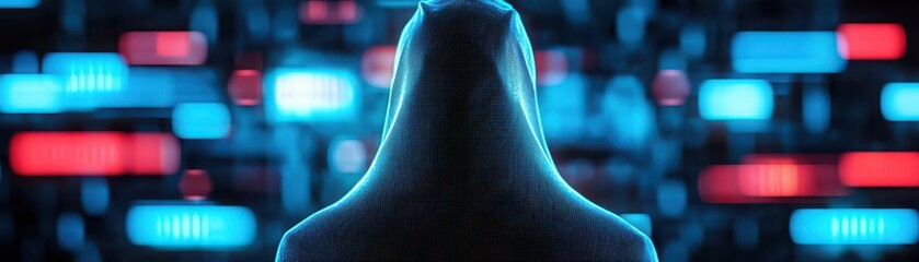 anti tracking anonymity concept. Mysterious figure surrounded by digital data and glowing screens in a cyber environment.