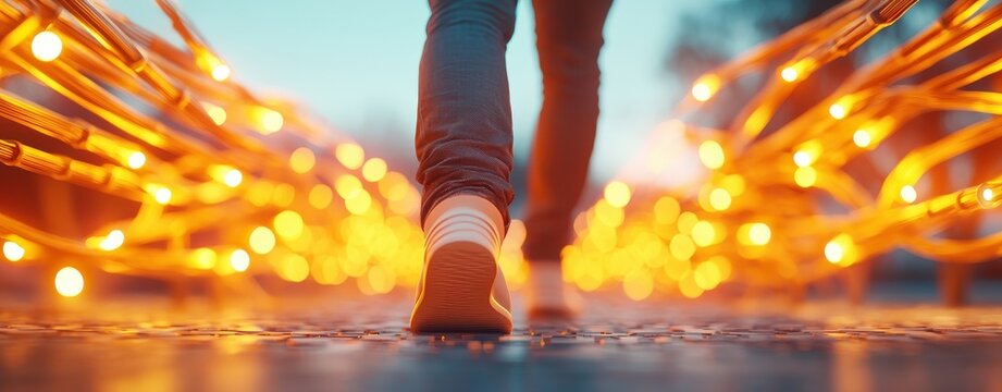 anti tracking anonymity concept. A person walking towards glowing lights on a pathway at dusk.