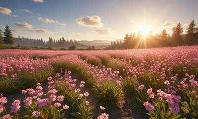Fototapeta premium A large field of flowers under the radiant sunshine with tall stalks , flower field,