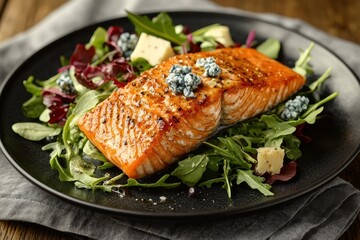 Grilled salmon salad, rustic table, blue cheese, healthy meal