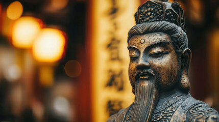 Serene Bronze Statue: Close-up view of an ancient, serene bronze statue with intricate details, possibly depicting a deity or significant figure.