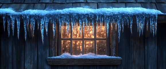 Illuminated window of a rustic cabin covered in snow and icicles during winter.