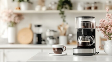 Modern Kitchen Counter with Coffee Maker and Cup, Perfect for Morning Routines