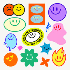 Colorful smiley faces and shapes in various designs Positive vibes with happy faces and vibrant colors Smiley faces bring joy and positivity Funky stickers, vector set