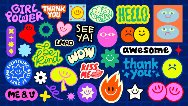 Colorful stickers with playful phrases like 'cute', 'love', 'good vibes', and 'LOL' Bright designs with smiley faces and positive words Fun and vibrant vibes Funky stickers, vector set