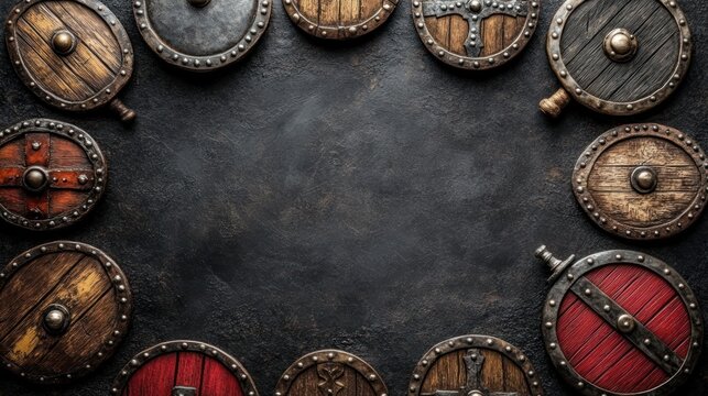 Intricate Medieval Shields in Circular Arrangement on Rustic Background