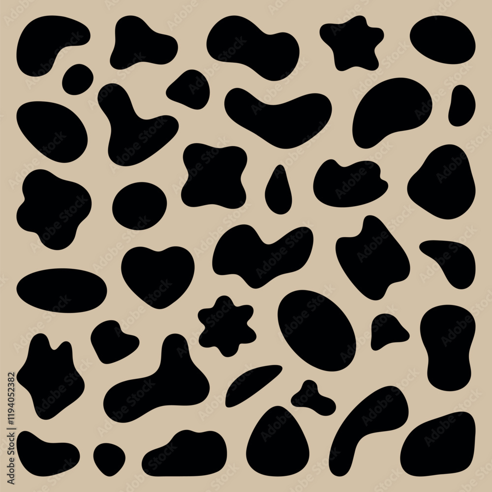 Poster abstract pattern with black blobs on beige background. organic shapes create a unique abstract desig