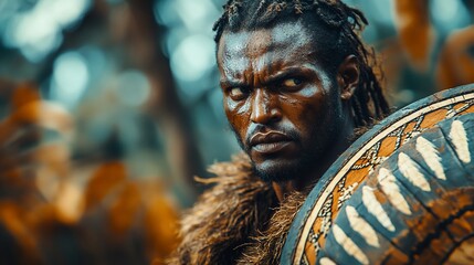 Intense close-up portrait of a fierce warrior with a shield, adorned in tribal attire, set against a blurred background of fellow warriors.
