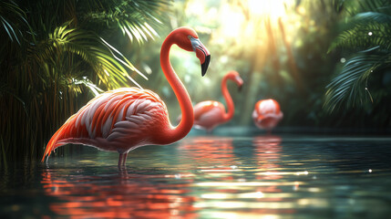 Fototapeta premium a flock of flamingos standing elegantly in a tranquil lagoon, their long legs casting soft shadows in the water, surrounded by lush green reeds and bright daylight enhancing their vibrant color