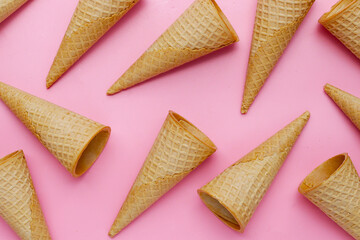Waffle cones on pink background