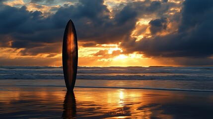 A surfboard stands on a beach at sunset, reflecting colors in the wet sand.