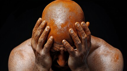 Despair and reflection: A powerful image of a bald man, his hands covering his face, the golden hue of his skin creating a striking contrast against the dark background.