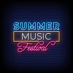 Obraz premium summer music festival neon sign with brick wall background vector