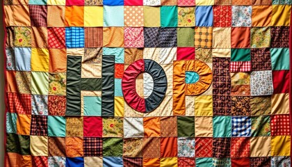 Vibrant patchwork quilt displaying the word "HOPE"