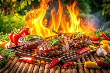 Panoramic BBQ Grill, Sizzling Steaks, Summer Cookout, Outdoor Feast, Grilled Meat