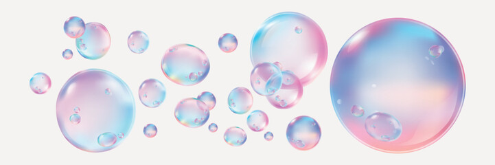 Transparent bubbles floating, various sizes. Clear bubbles on a transparent background. Light blue bubbles create a floating effect. Bubbles in motion. Soap bubble element vector set.