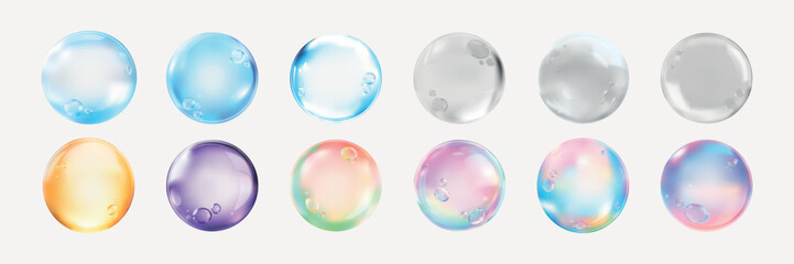 Transparent bubbles floating, various sizes. Clear bubbles on a transparent background. Light blue bubbles create a floating effect. Bubbles in motion. Soap bubble element vector set.