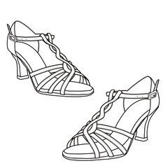Technical sketch drawing of heels for woman line art. Women's ballroom dance shoes, Latin, and salsa dance shoes, tango dance shoe vector line art. Front and side view. Isolated on a white background