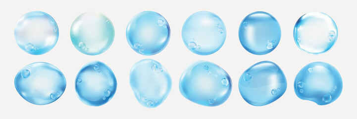 Transparent bubbles floating, various sizes. Clear bubbles on a transparent background. Light blue bubbles create a floating effect. Bubbles in motion. Soap bubble element vector set.