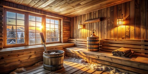 Warmth and tranquility bathe the wooden sauna with a panoramic view of the snow-covered landscape.