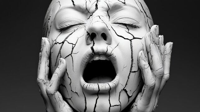 Shattered: A dramatic black and white portrait of a woman with a cracked and weathered face, symbolizing vulnerability, pain, and the fragility of the human spirit.