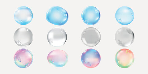 Transparent bubbles floating, various sizes. Clear bubbles on a transparent background. Light blue bubbles create a floating effect. Bubbles in motion. Soap bubble element vector set.