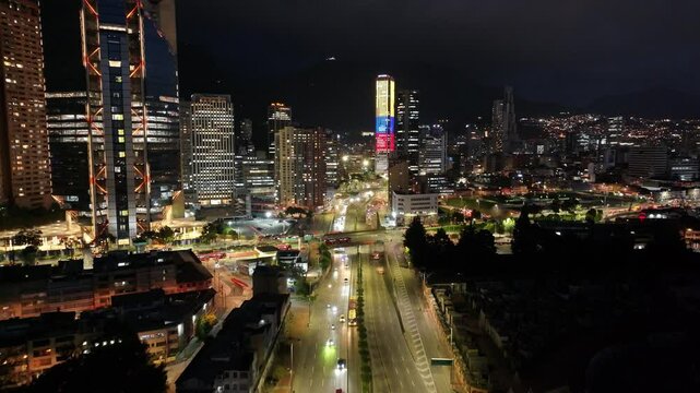 Bogota Skyline At Bogota In Cundinamarca Colombia. Corporate Building Landscape. Illuminated Skyscraper. Bogota At Cundinamarca Colombia. Traffic Cityscape. Downtown Scenery.