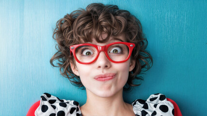 A quirky teenager with wide brown eyes and a shocked look on her face. Red eyeglasses. Curly brown hair. Polka dot dress. Red sleeves. Humorous, funny expression.