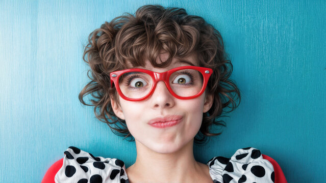 A quirky teenager with wide brown eyes and a shocked look on her face. Red eyeglasses. Curly brown hair. Polka dot dress. Red sleeves. Humorous, funny expression.