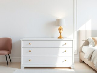 A modern white dresser with a golden lamp on top in a stylish bedroom setting, peaceful, cozy, cozy