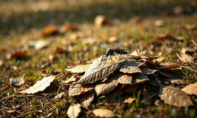 Naklejka premium A mosquito rests on the surface of a pile of dry leaves on a brown grassy area, wildlife photography, outdoor scene